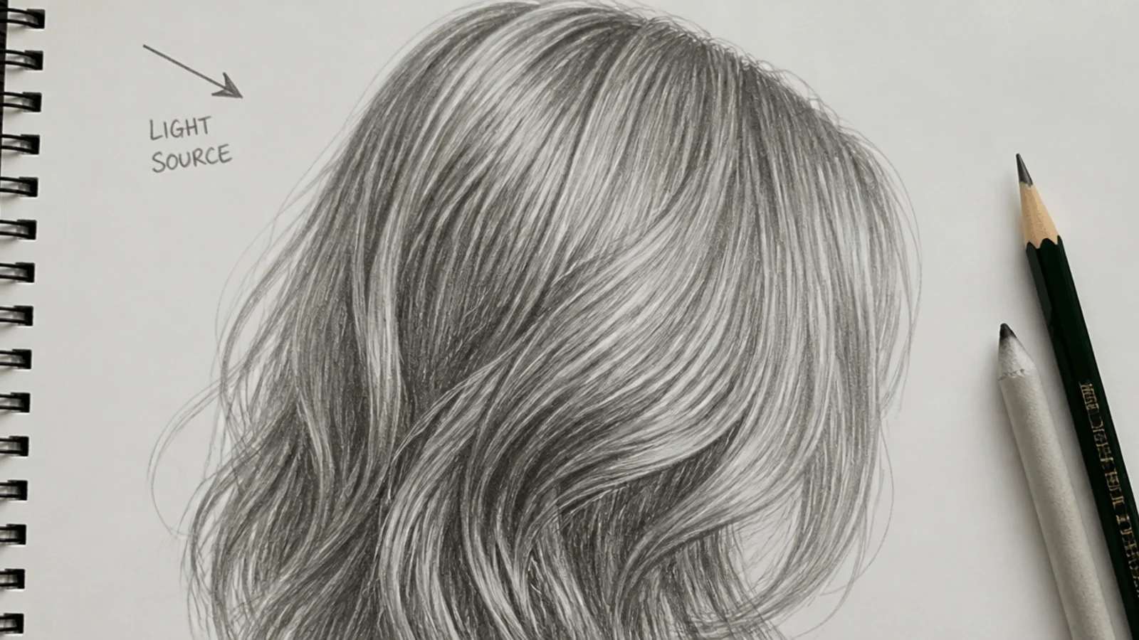 A pencil drawing of hair with a hand lettered arrow in the margin marking the light direction