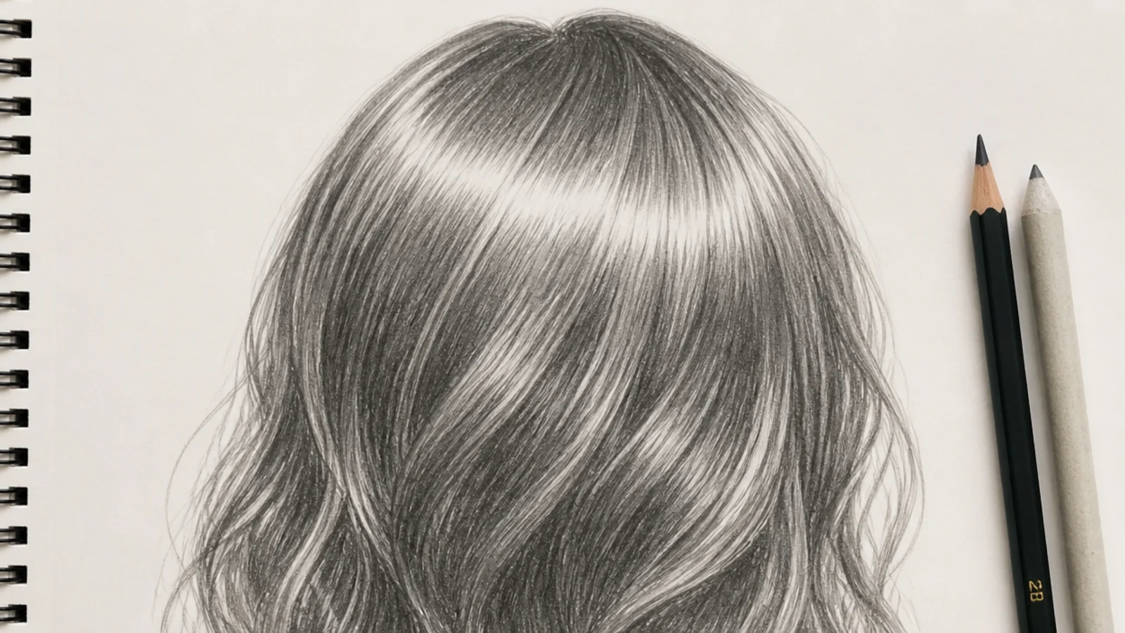A pencil study with a bright band of highlight curving horizontally across shaded hair