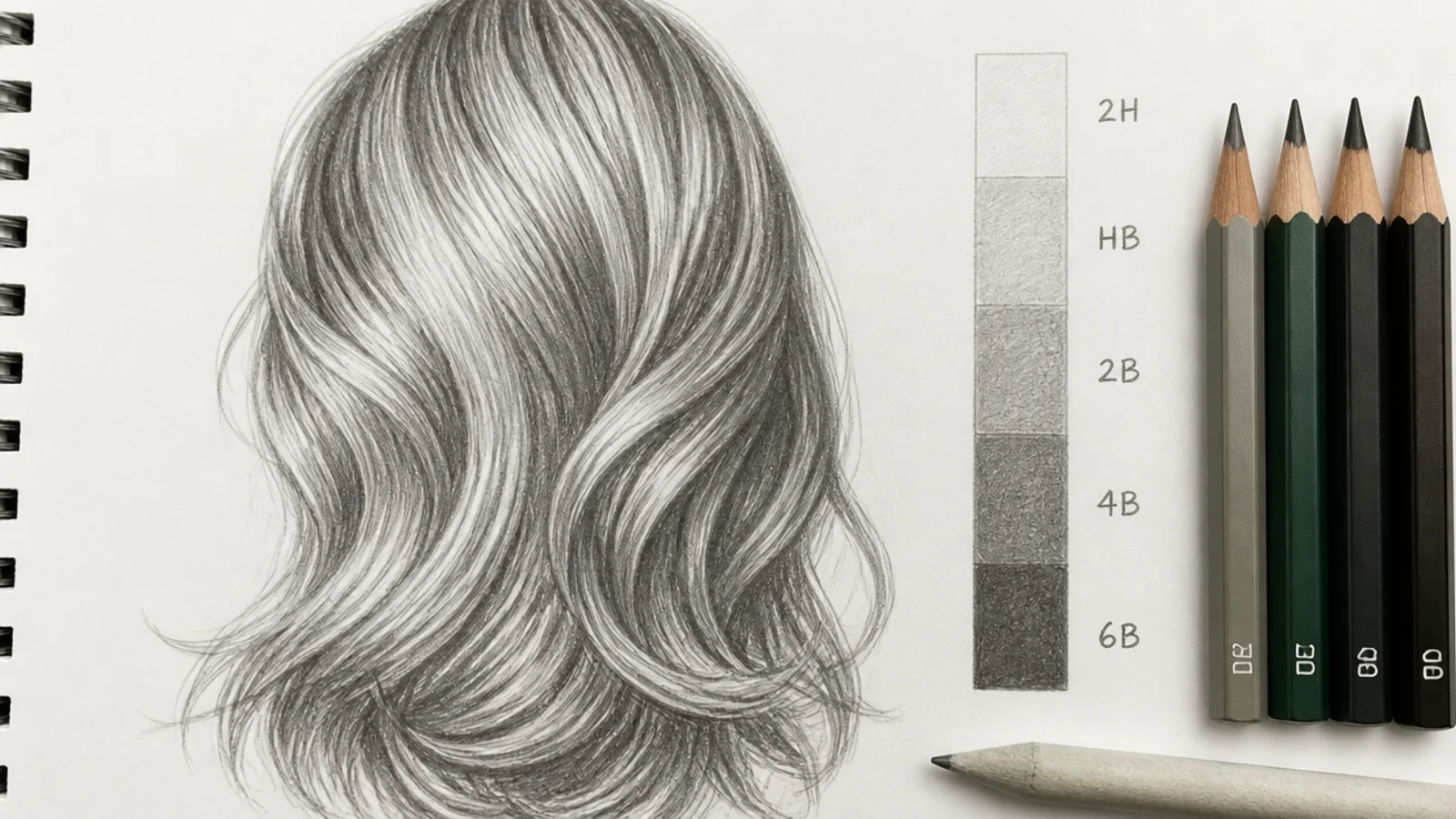 Swatches of graphite in several grades drawn in pencil beside the pencils themselves