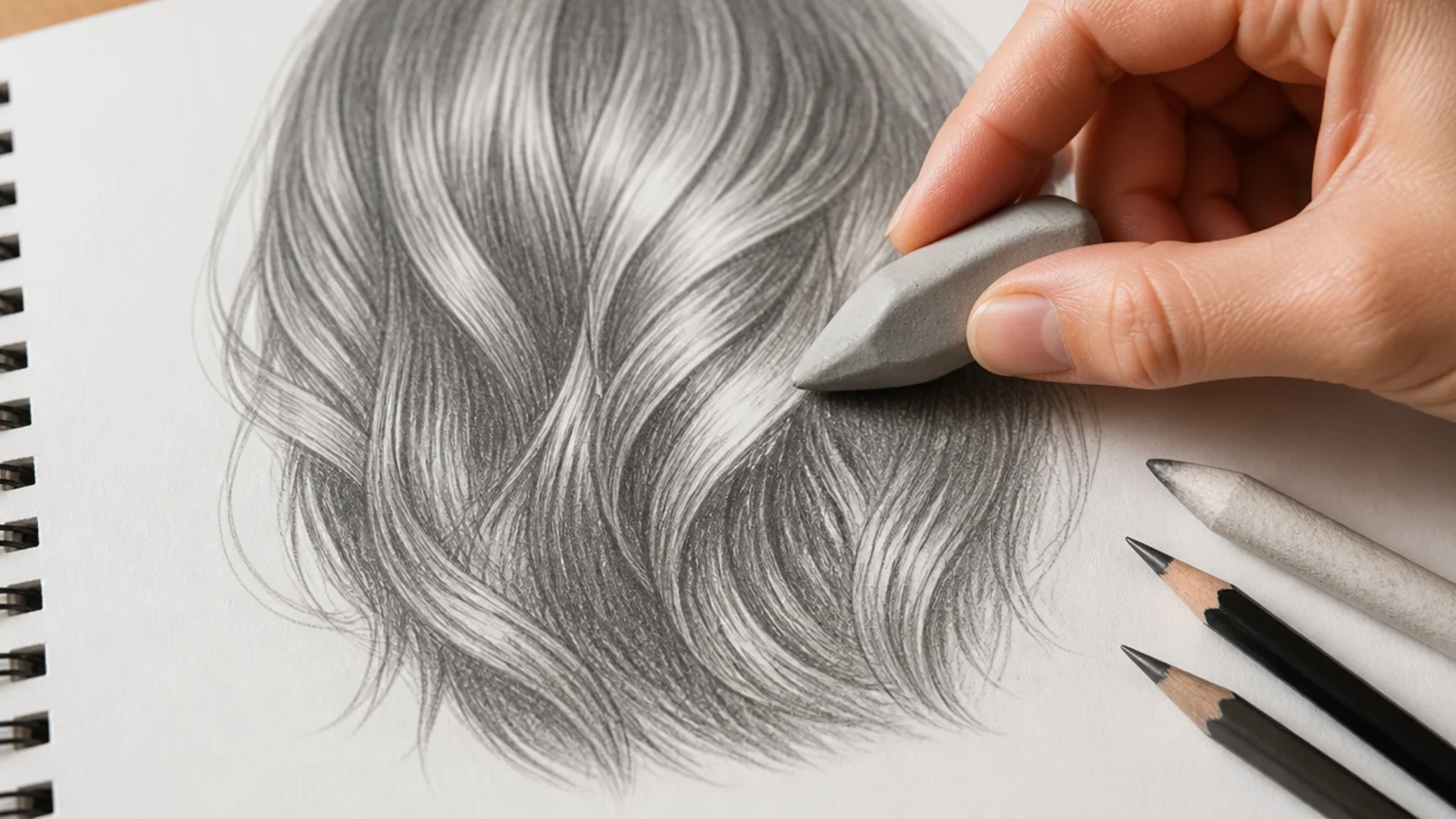 A kneaded eraser shaped to a point lifting light strands out of shaded pencil hair