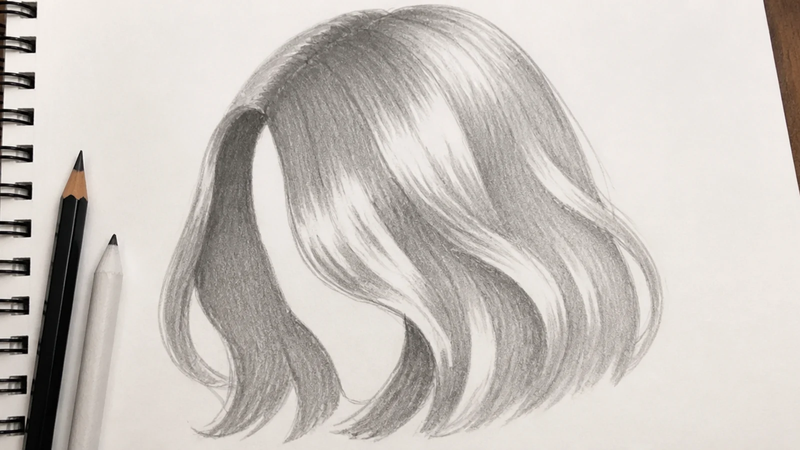 A pencil drawing of hair blocked into three distinct tones of light, mid and dark