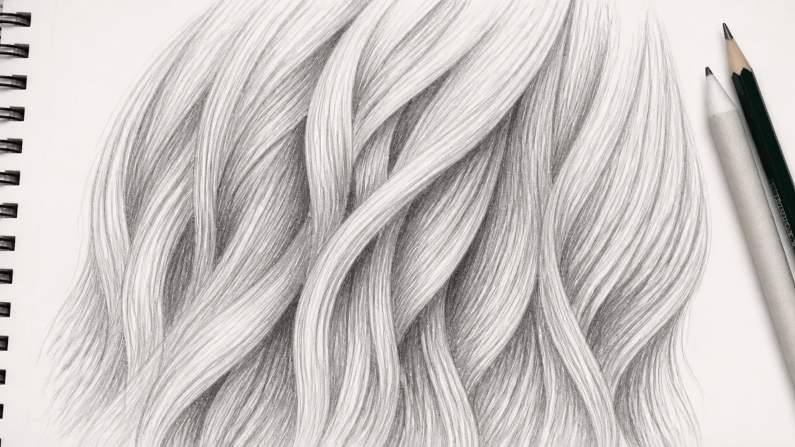 Deep black pencil shadows filling the narrow channels between sections of hair
