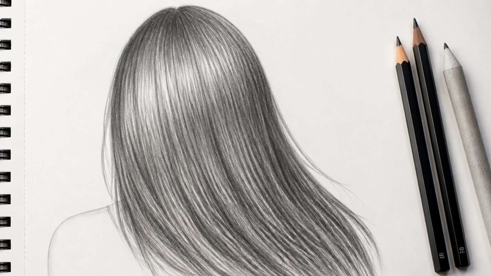 A pencil study of straight hair drawn with long continuous tapering strokes