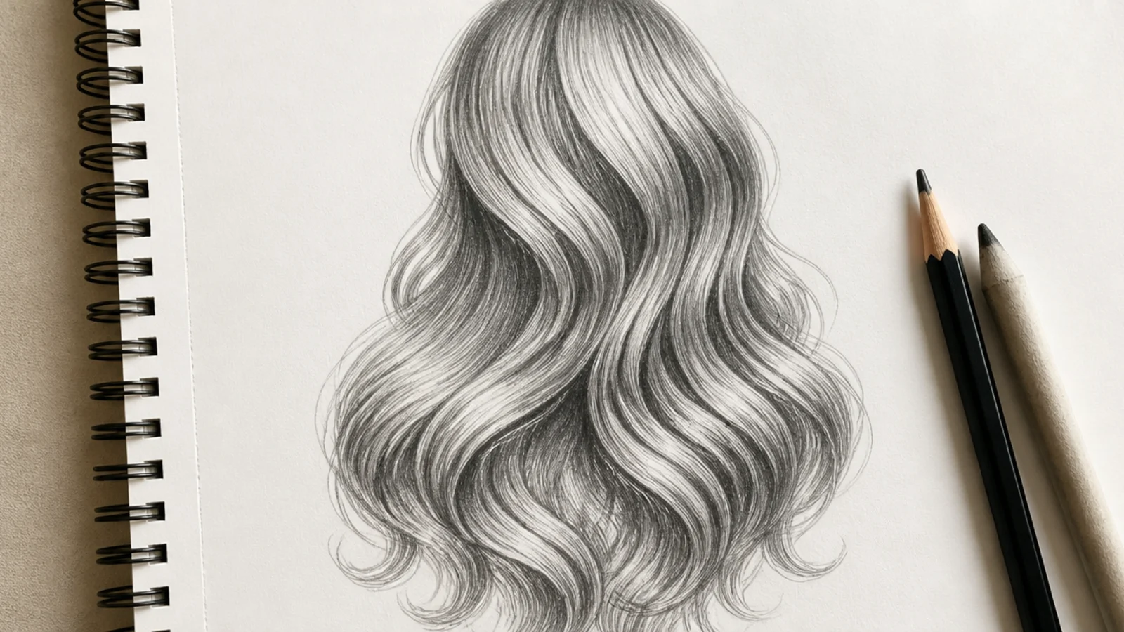 A pencil study of wavy hair with tone flipping at each bend of the wave