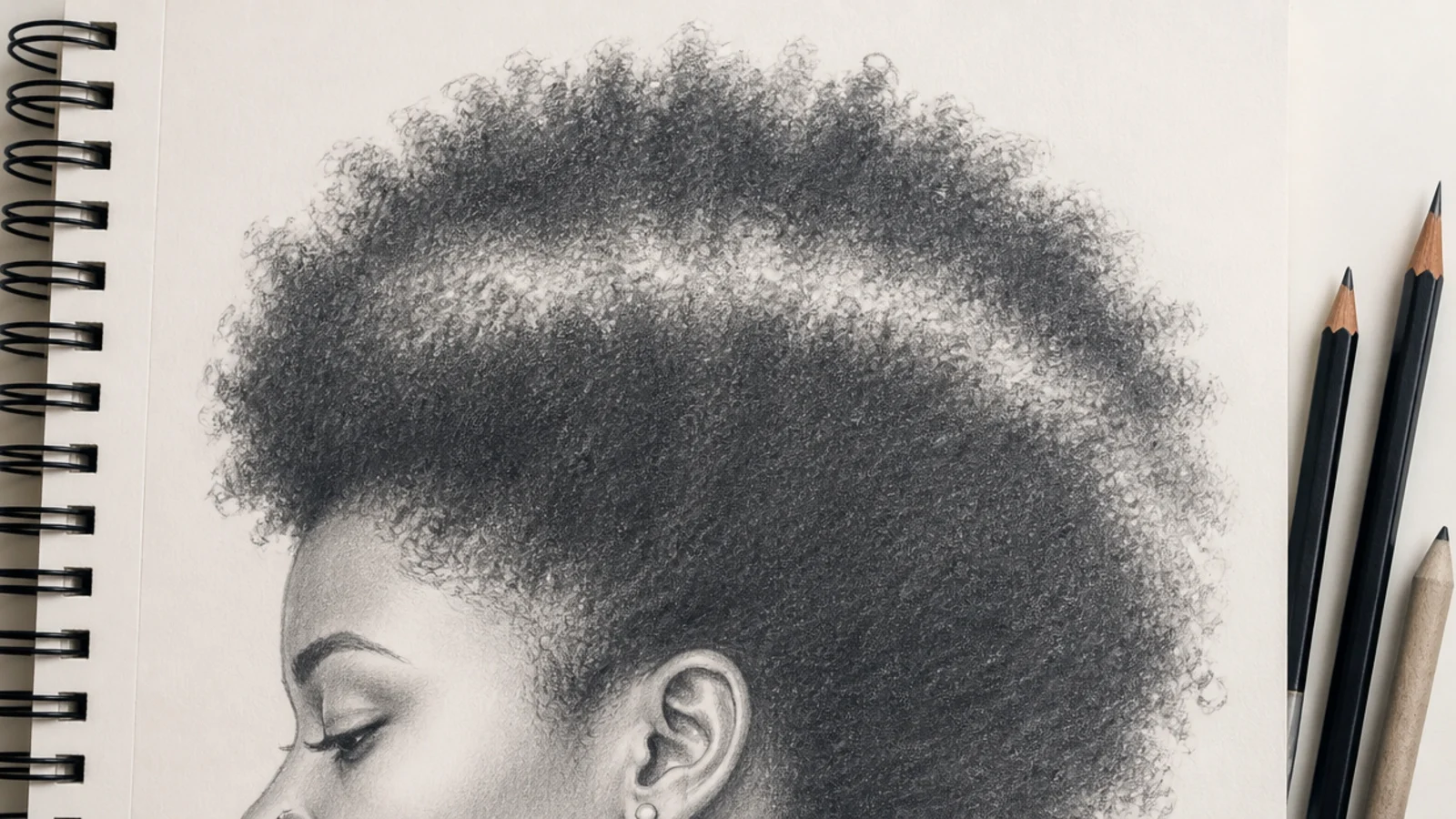 A pencil drawing of coily hair shaded as a soft sphere with a broken fuzzy edge