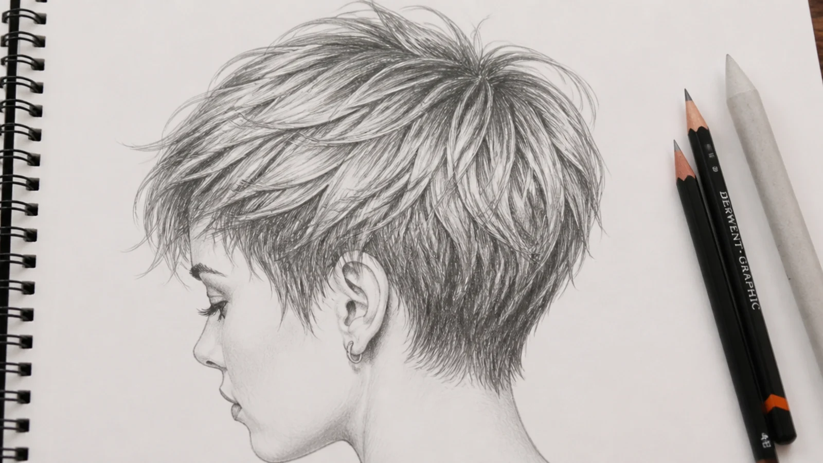 A pencil study of short hair with the outline broken into small directional flicks