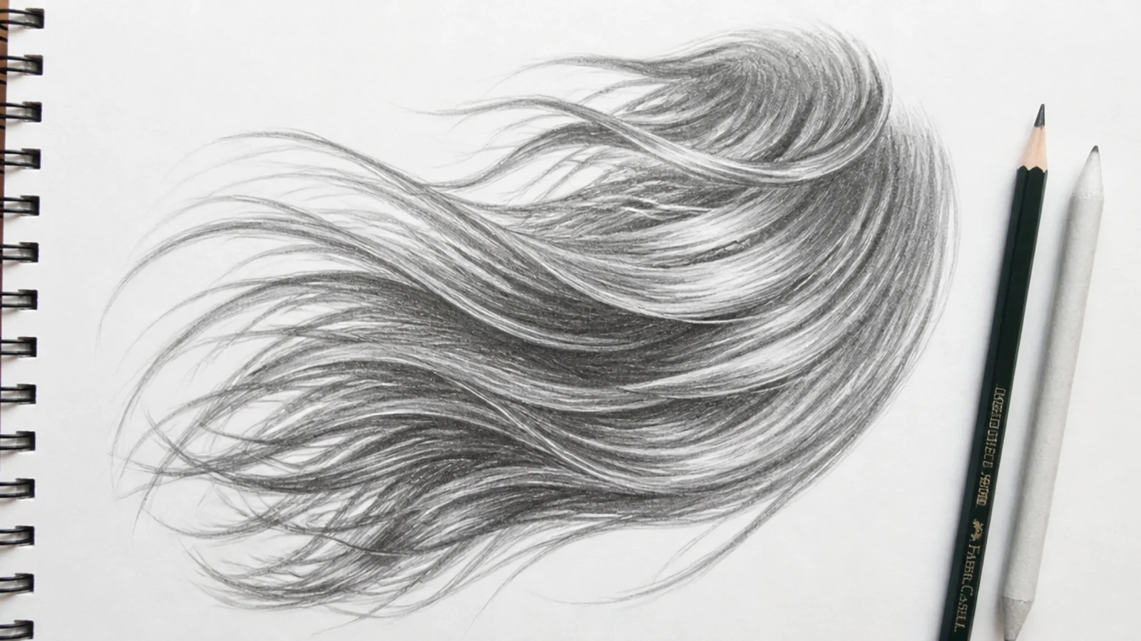 A pencil drawing of hair sweeping through the air with a few strands breaking free