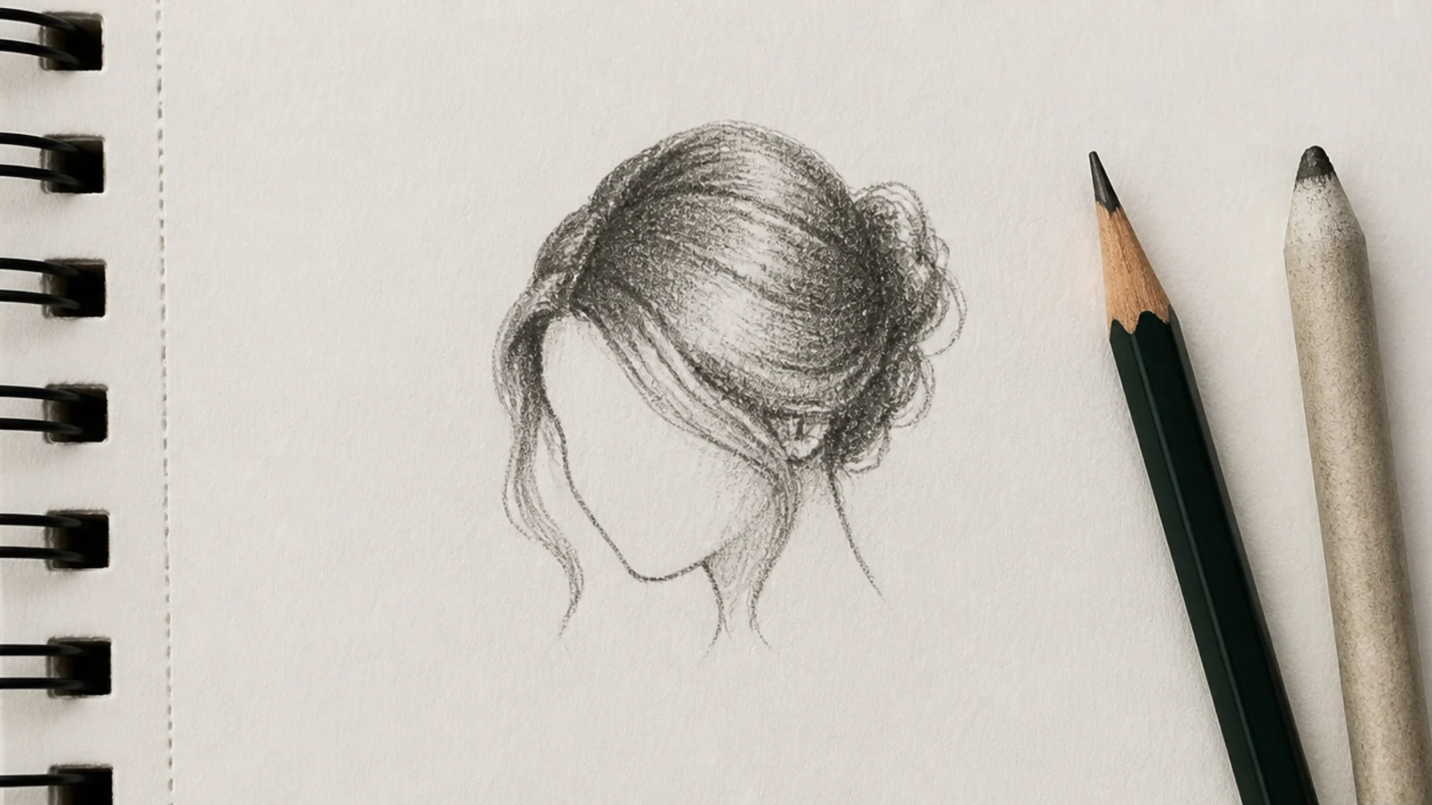 A group of small pencil head sketches with hair drawn at reduced thumbnail size