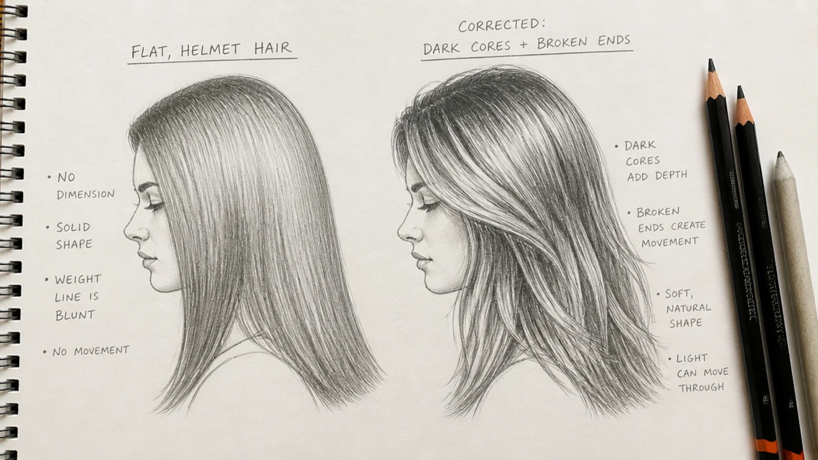 A pencil sheet pairing common hair drawing errors with corrected versions