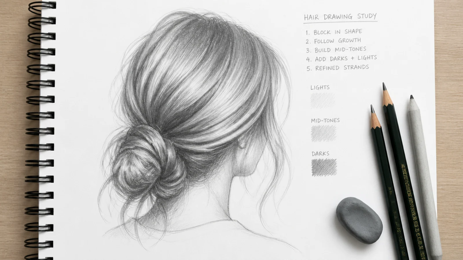 A row of graphite pencils, a stump and an eraser laid on paper beside a sketchbook