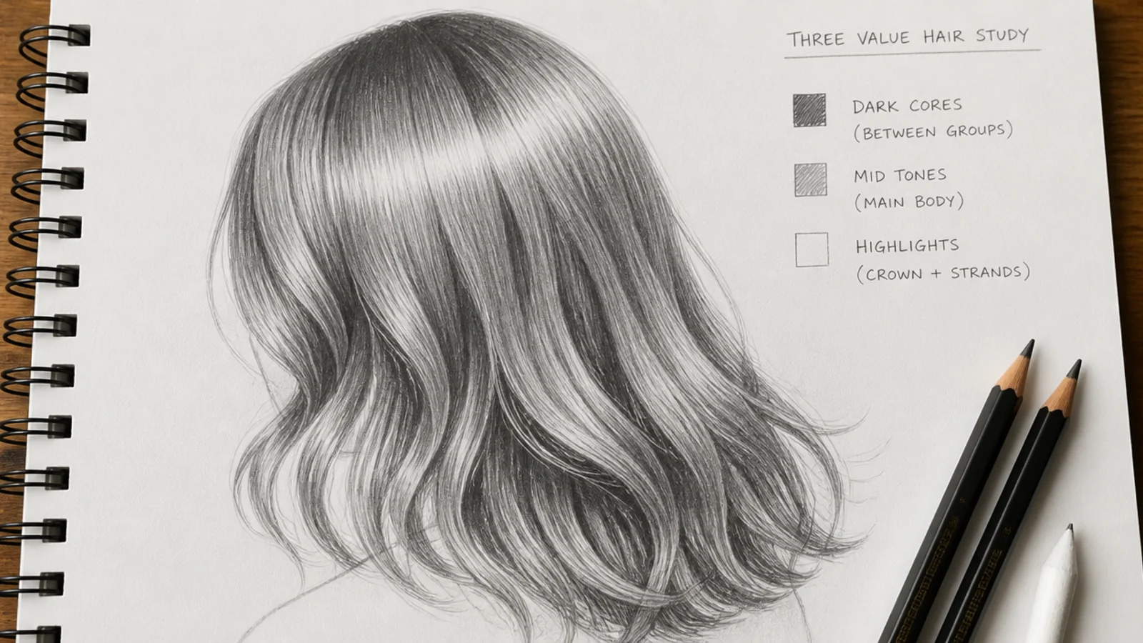 A shaded pencil study of hair with a curved bright band and deep shadows between sections