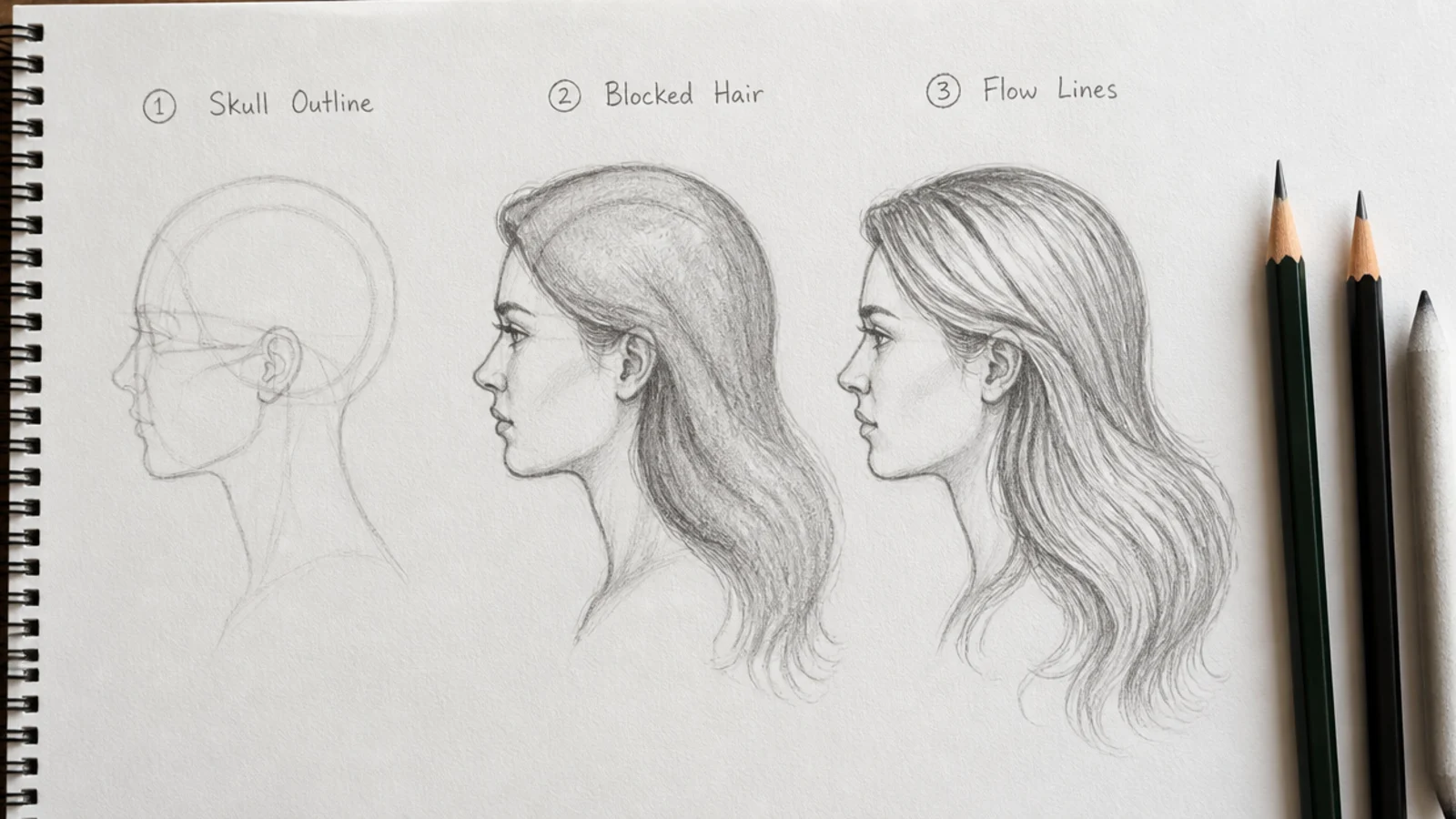 A blocked hair outline in pencil shown next to the same shape filled with strand detail