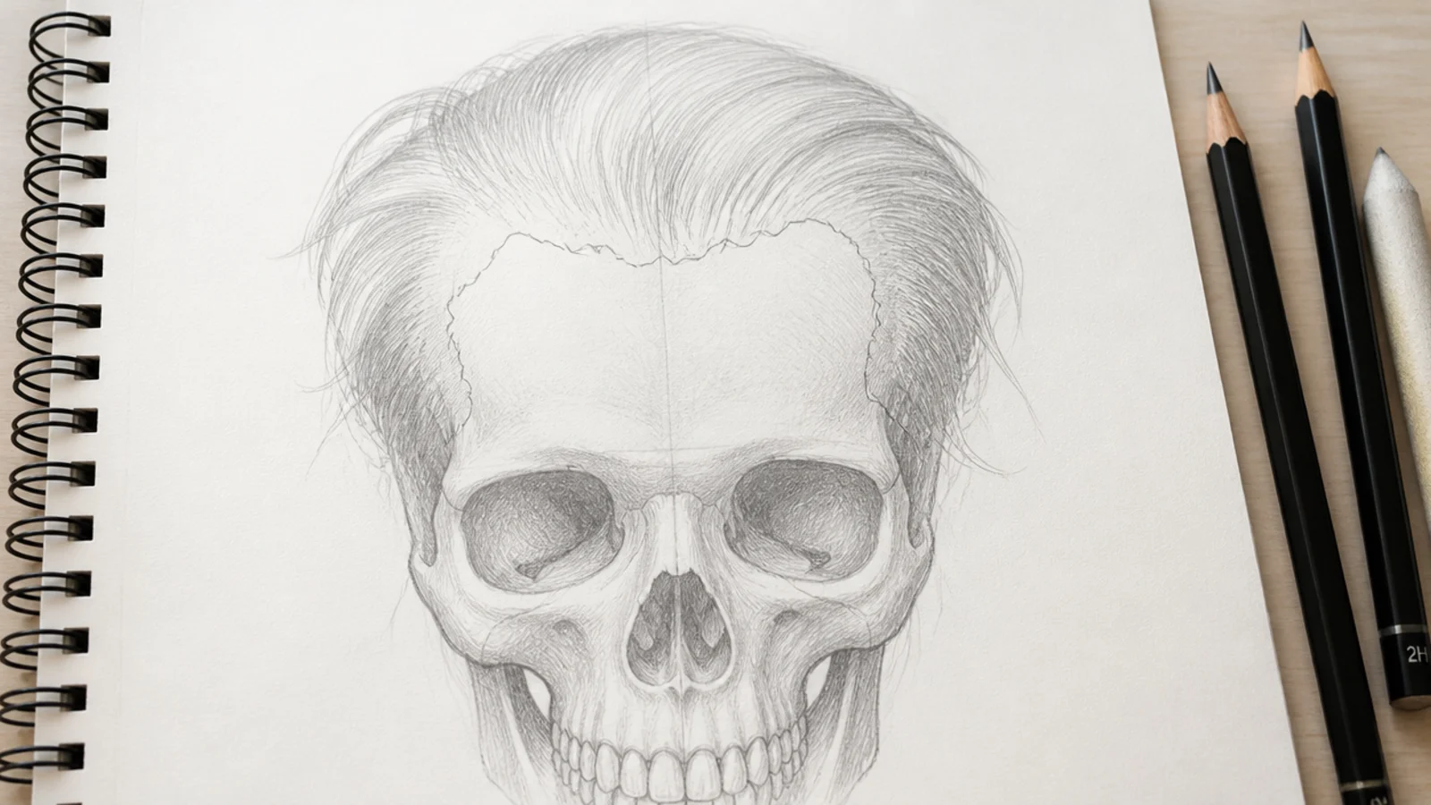 A pencil drawing of a skull with a dotted hairline marked across the forehead