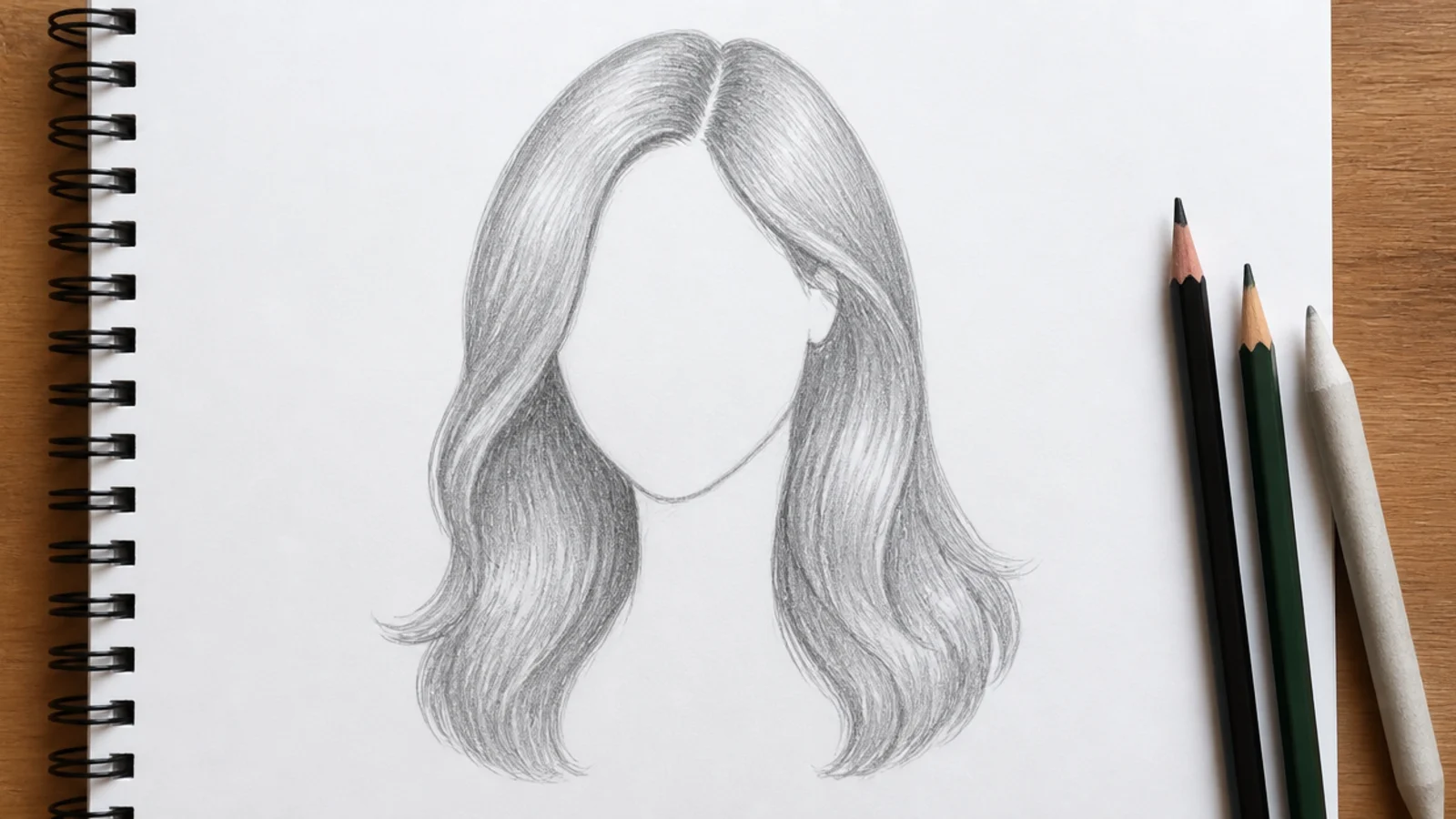 An empty hair outline drawn in light pencil around a blocked head shape