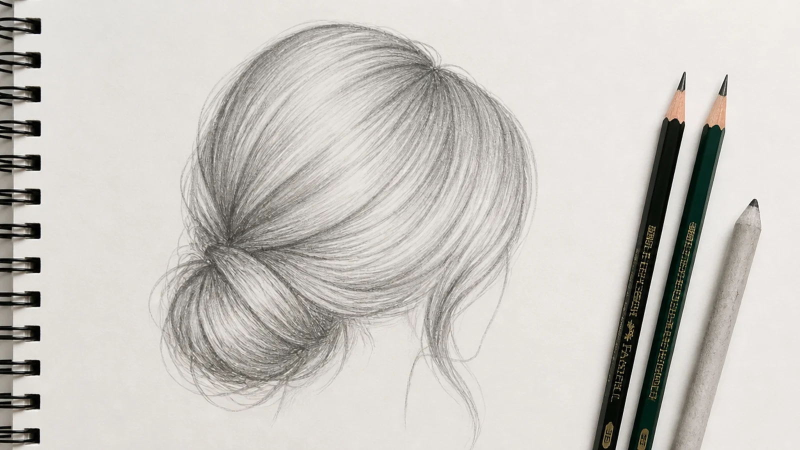 Long guide lines sweeping out from a marked crown point across a hair shape