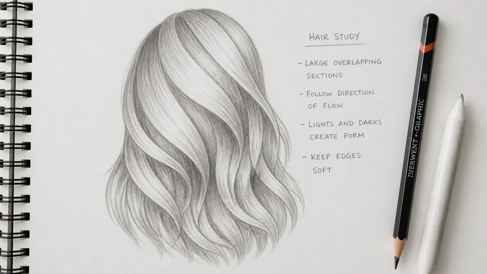 A pencil drawing with the hair mass split into overlapping groups of varying width