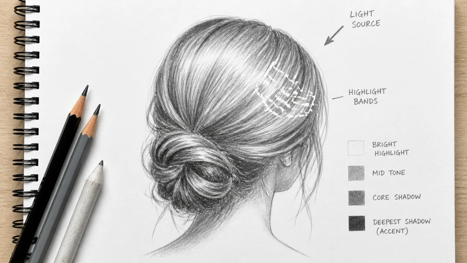 A pale band of reserved white paper curving across a lightly drawn hair mass