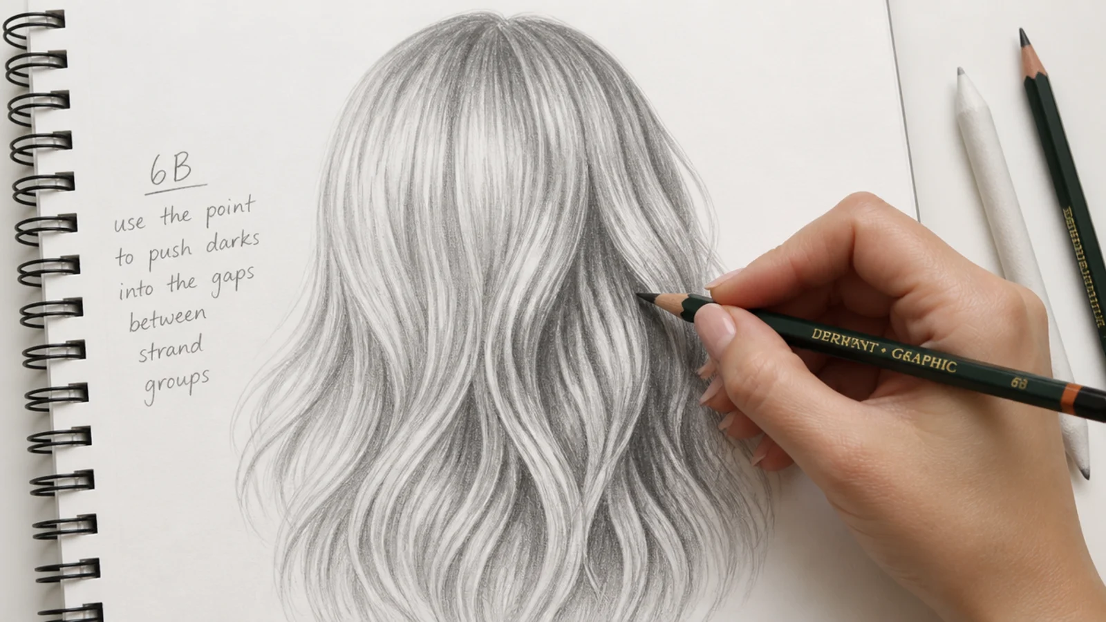 Very dark pencil shadows worked into the recesses of a shaded hair drawing