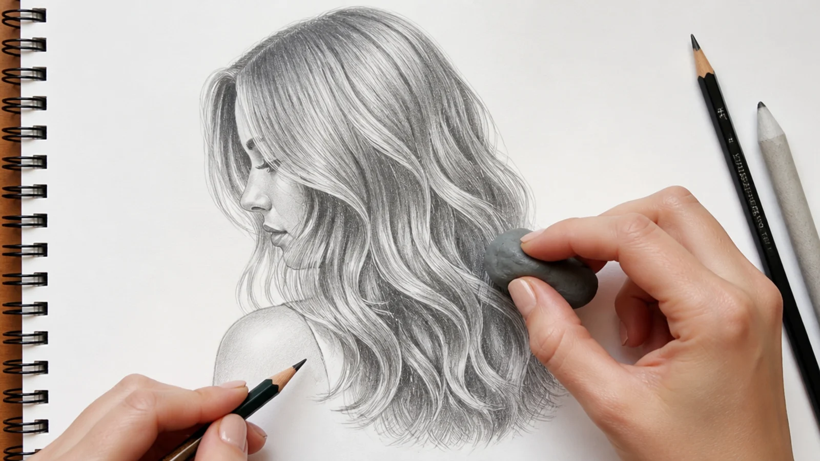 A finished pencil hair drawing with lifted highlights and loose flicks at the edges