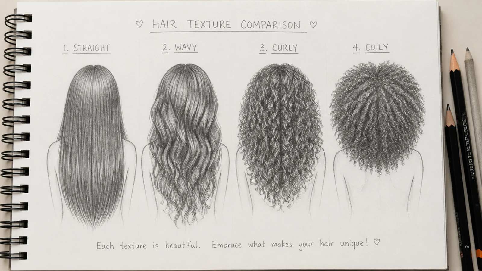 Four pencil hair studies compared side by side across straight, wavy, curly and coily textures