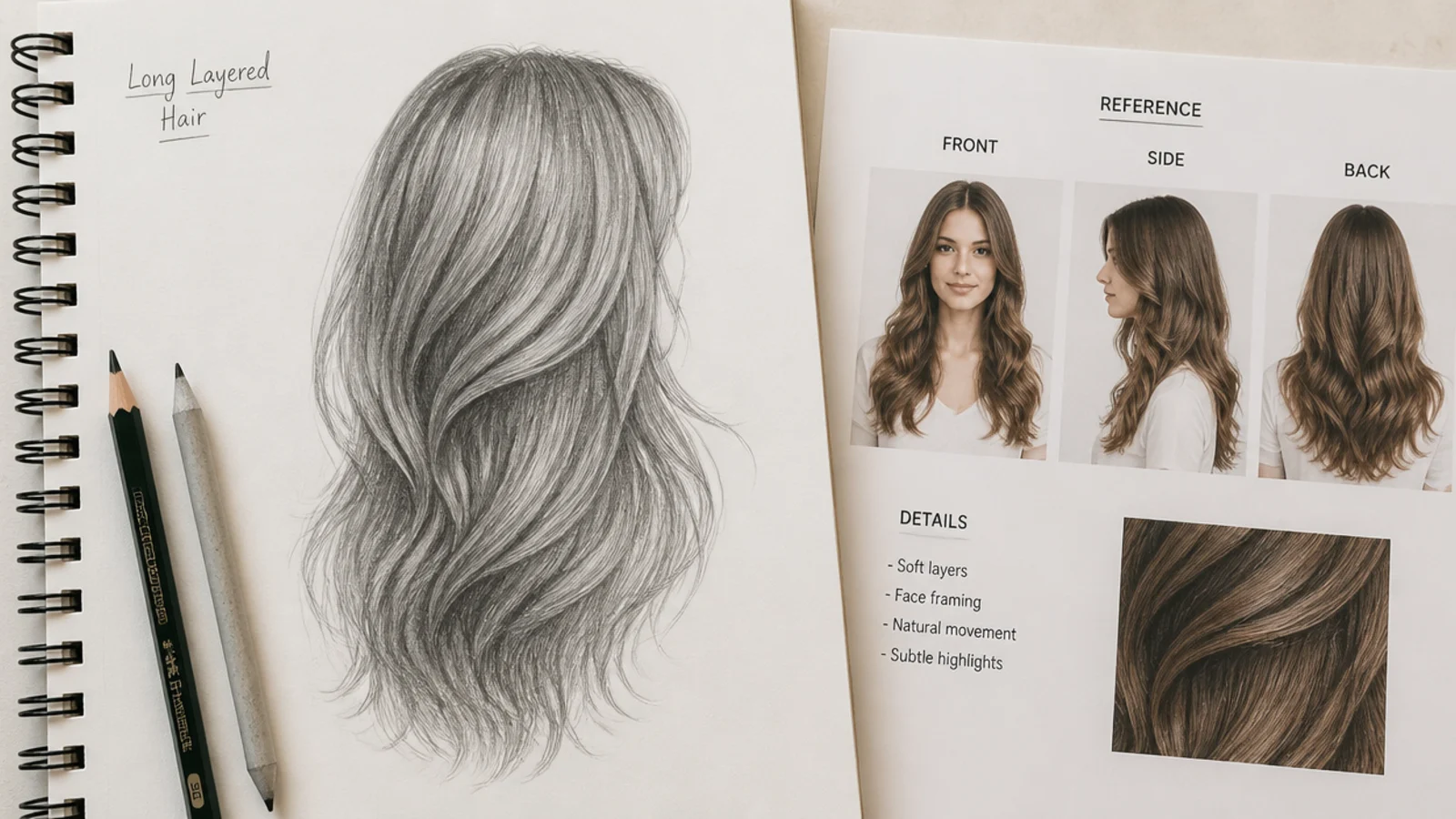 A pencil drawing in progress beside a printed photograph pinned as reference