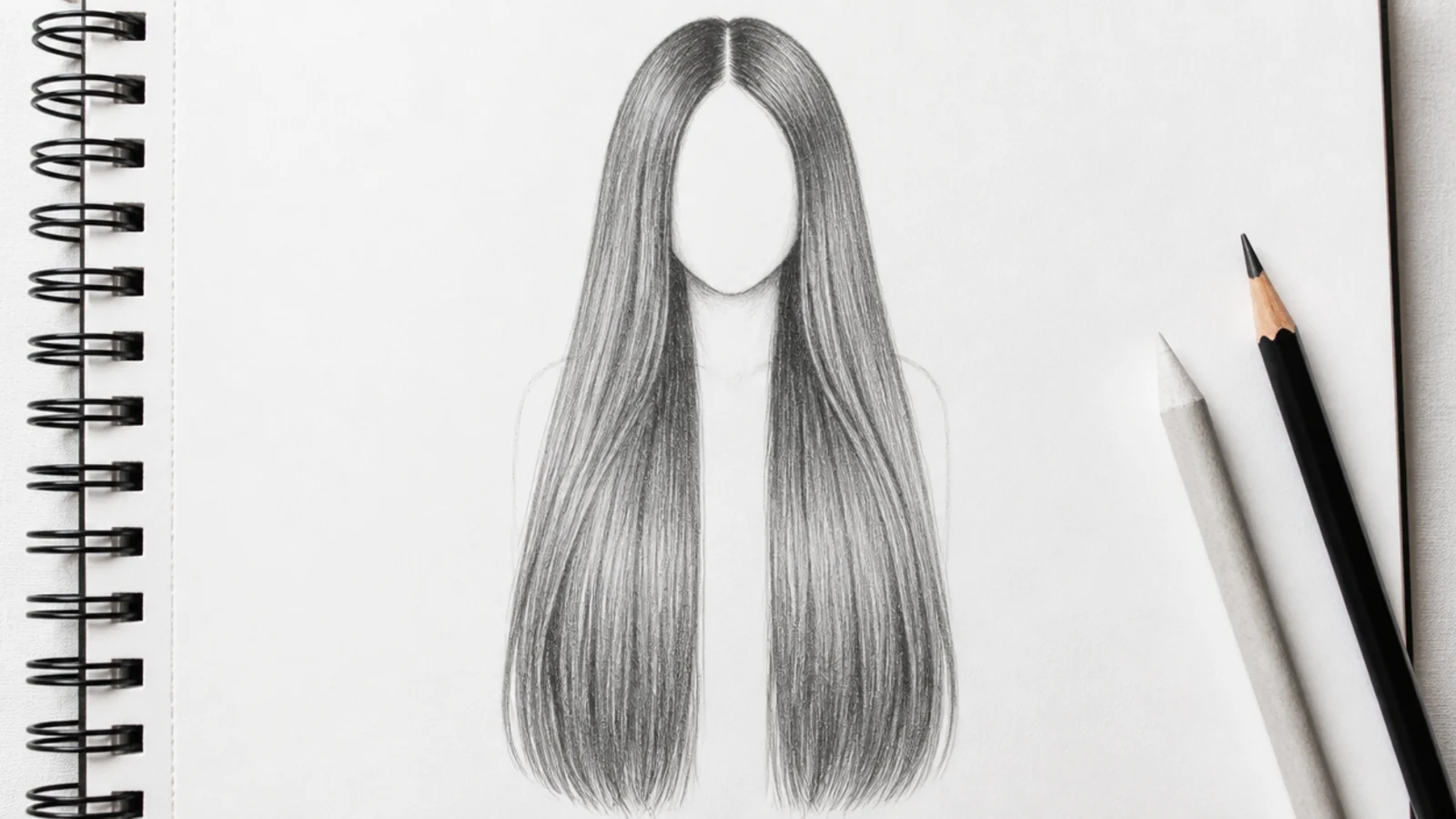 A pencil drawing of long straight hair divided by a centre parting