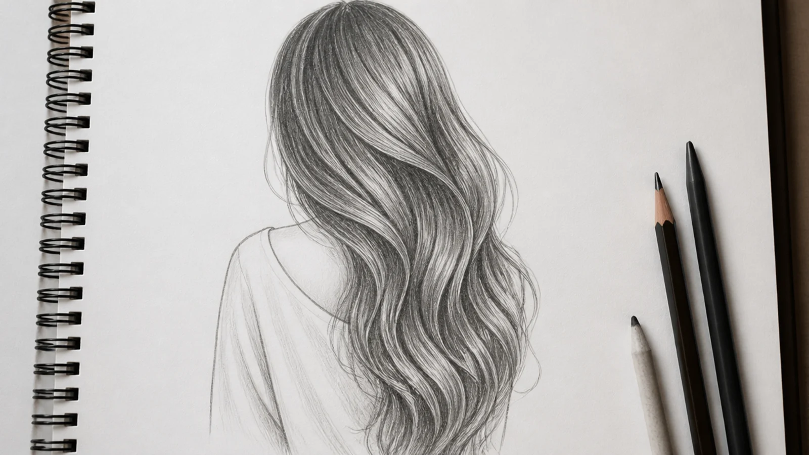A pencil drawing of long wavy hair draped forward across one shoulder