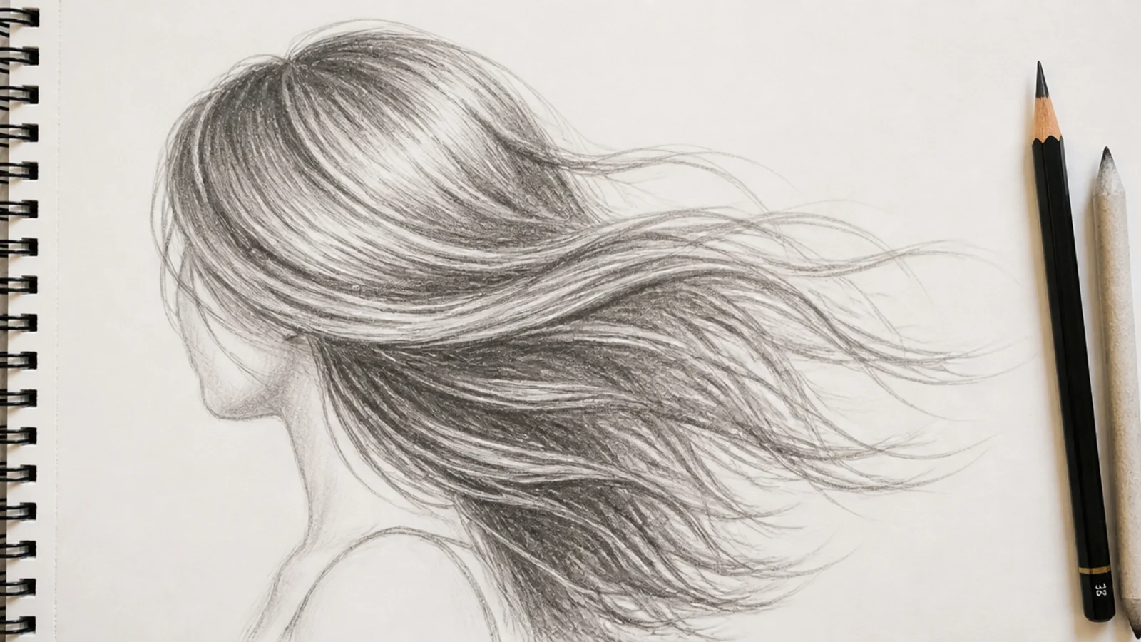 A side view pencil drawing of long hair streaming sideways in the wind