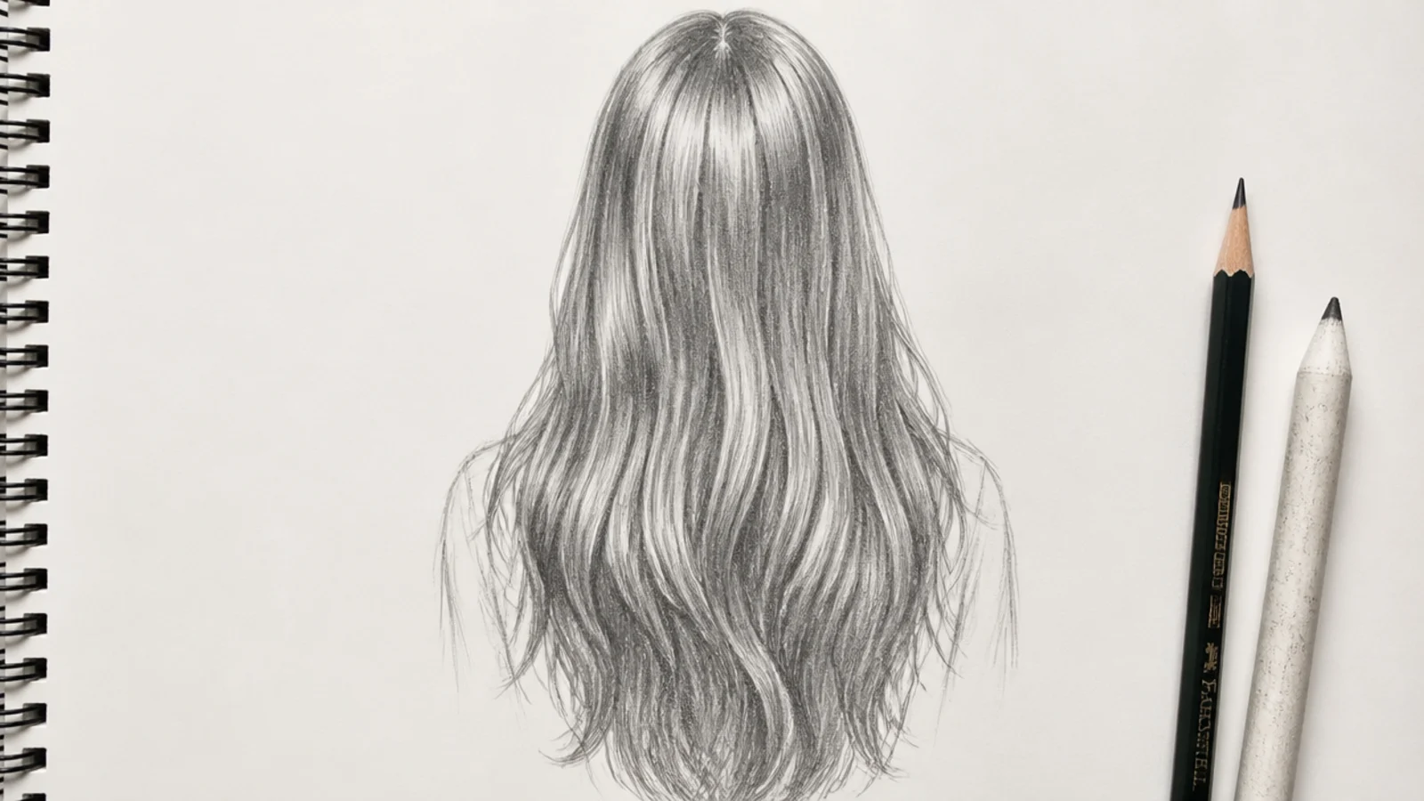 A back view pencil drawing of hair falling to the waist