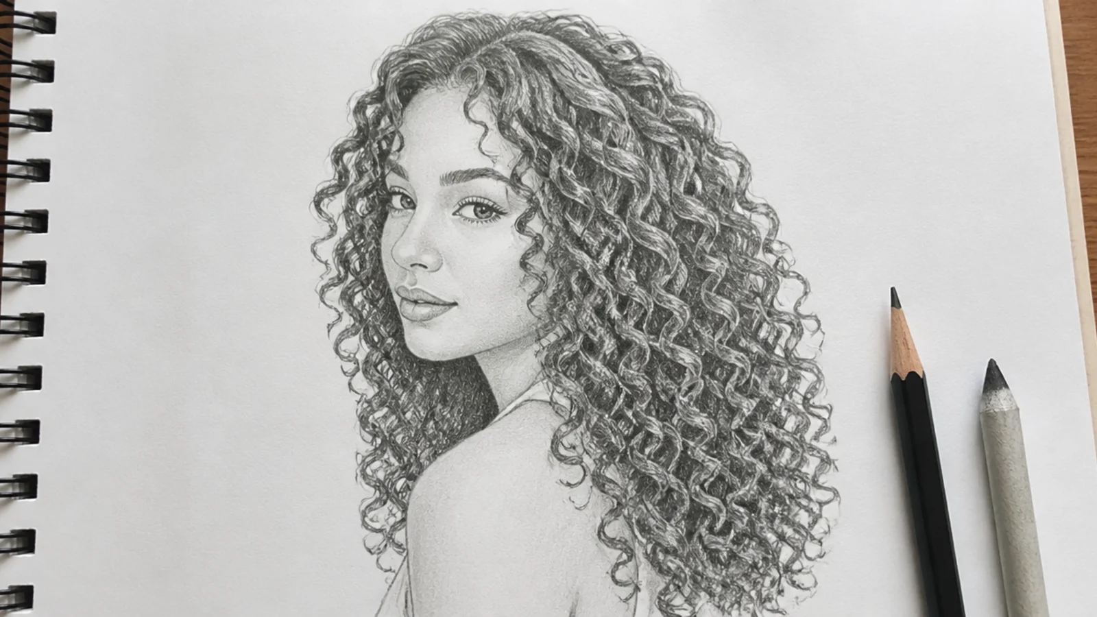 A pencil drawing of long spiral curls loosening toward the ends