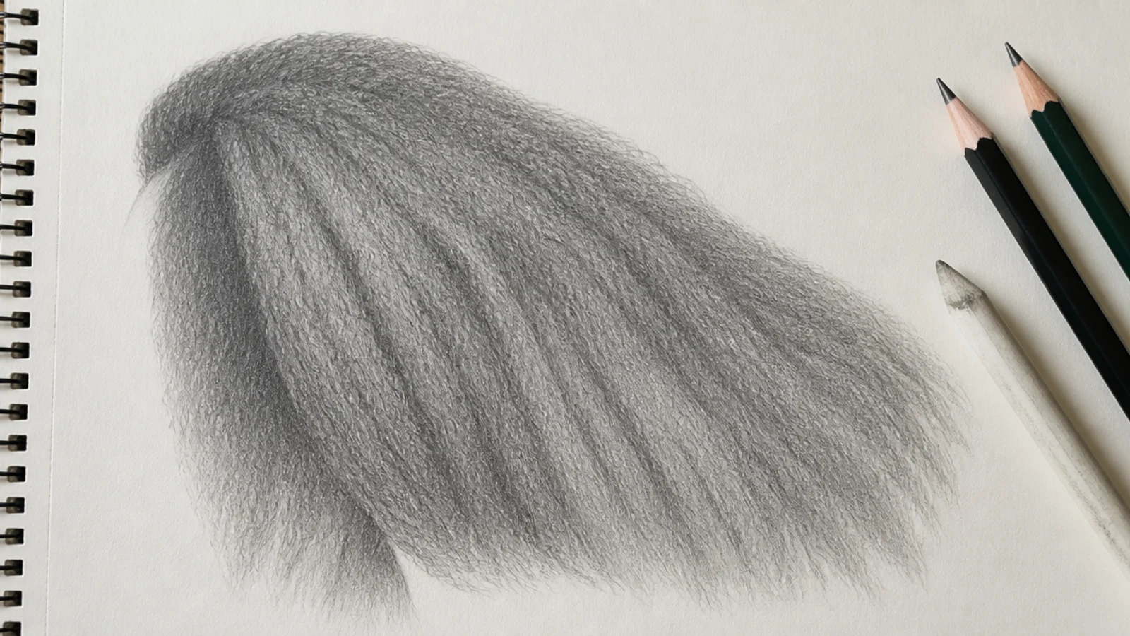 A pencil drawing of stretched coily hair hanging long with a crimped edge