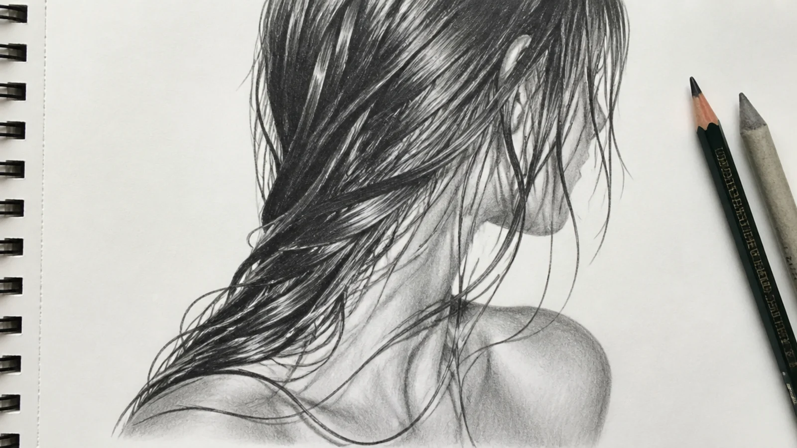 A pencil drawing of long wet hair clinging to the neck and shoulders