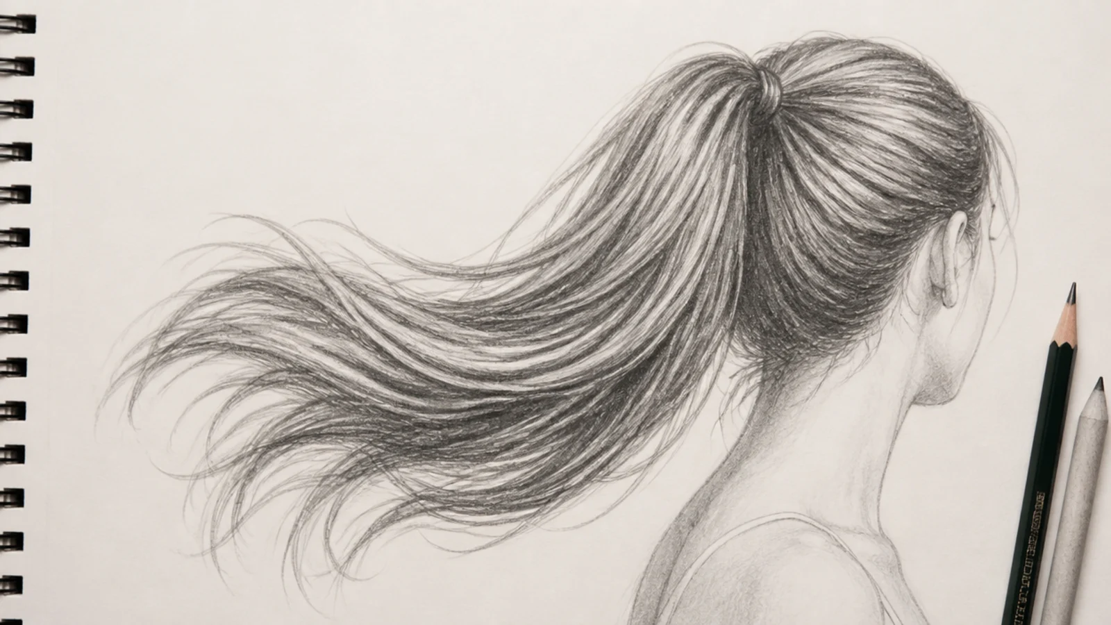 A pencil drawing of a long high ponytail swinging as the head turns