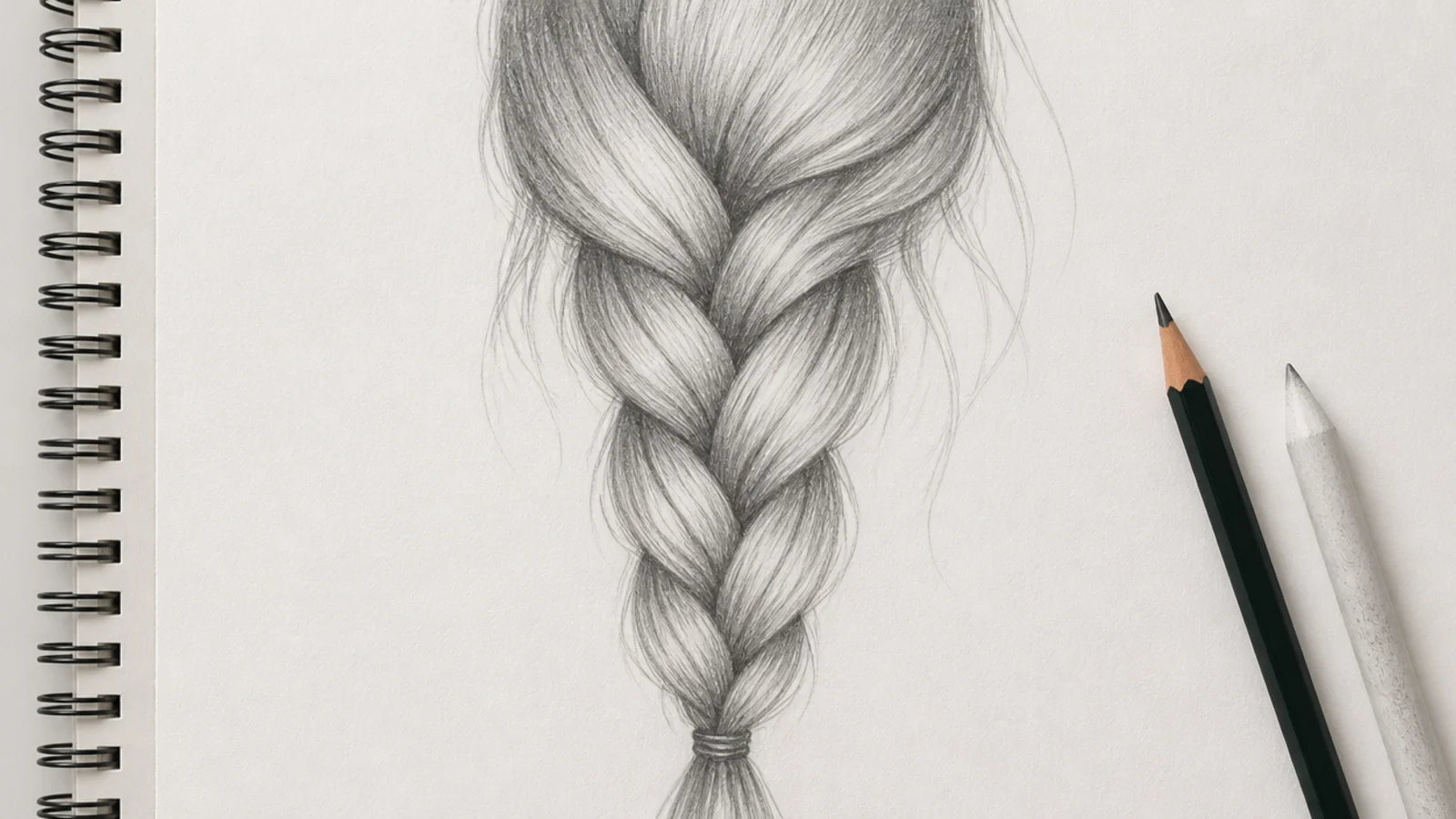 A pencil drawing of a long three strand braid narrowing toward the tail