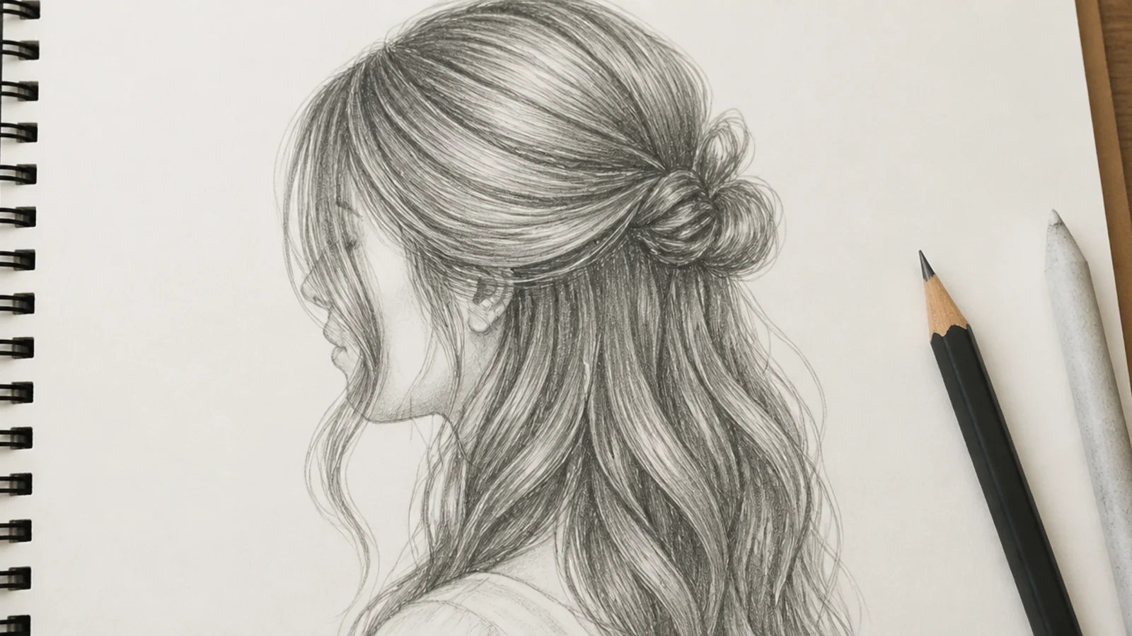 A pencil drawing of long hair with the top section gathered and the rest hanging loose