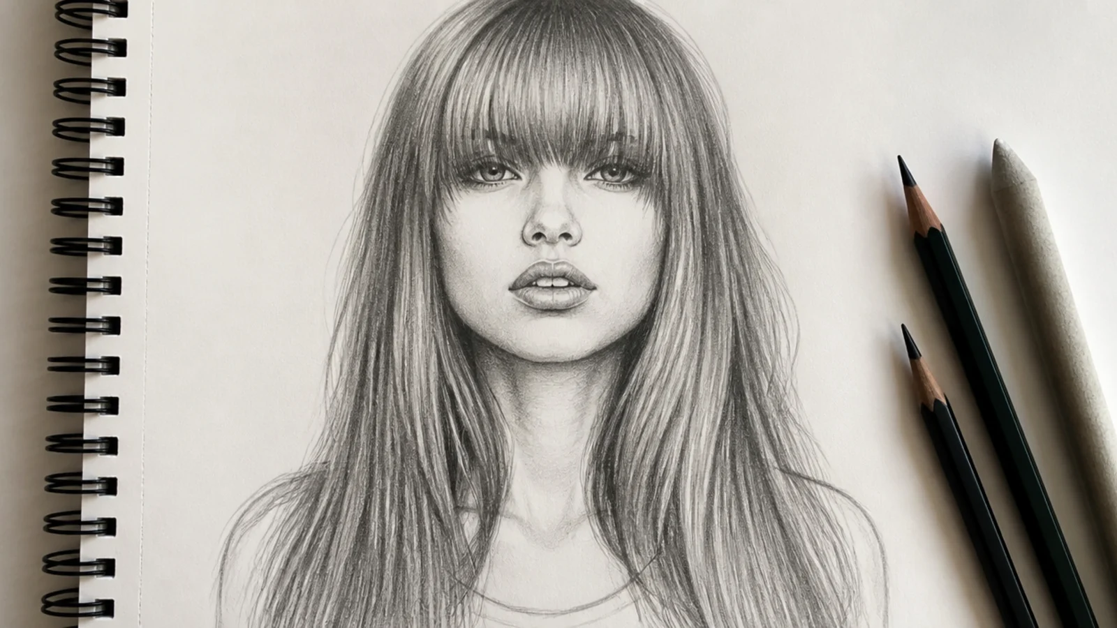 A front view pencil drawing of long hair with a straight blunt fringe