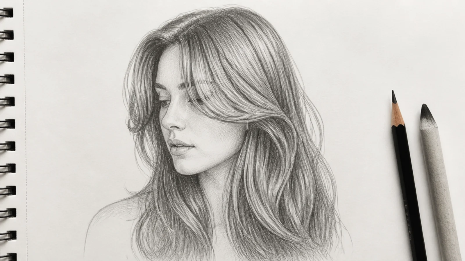 A three quarter view pencil drawing of long hair with curtain bangs