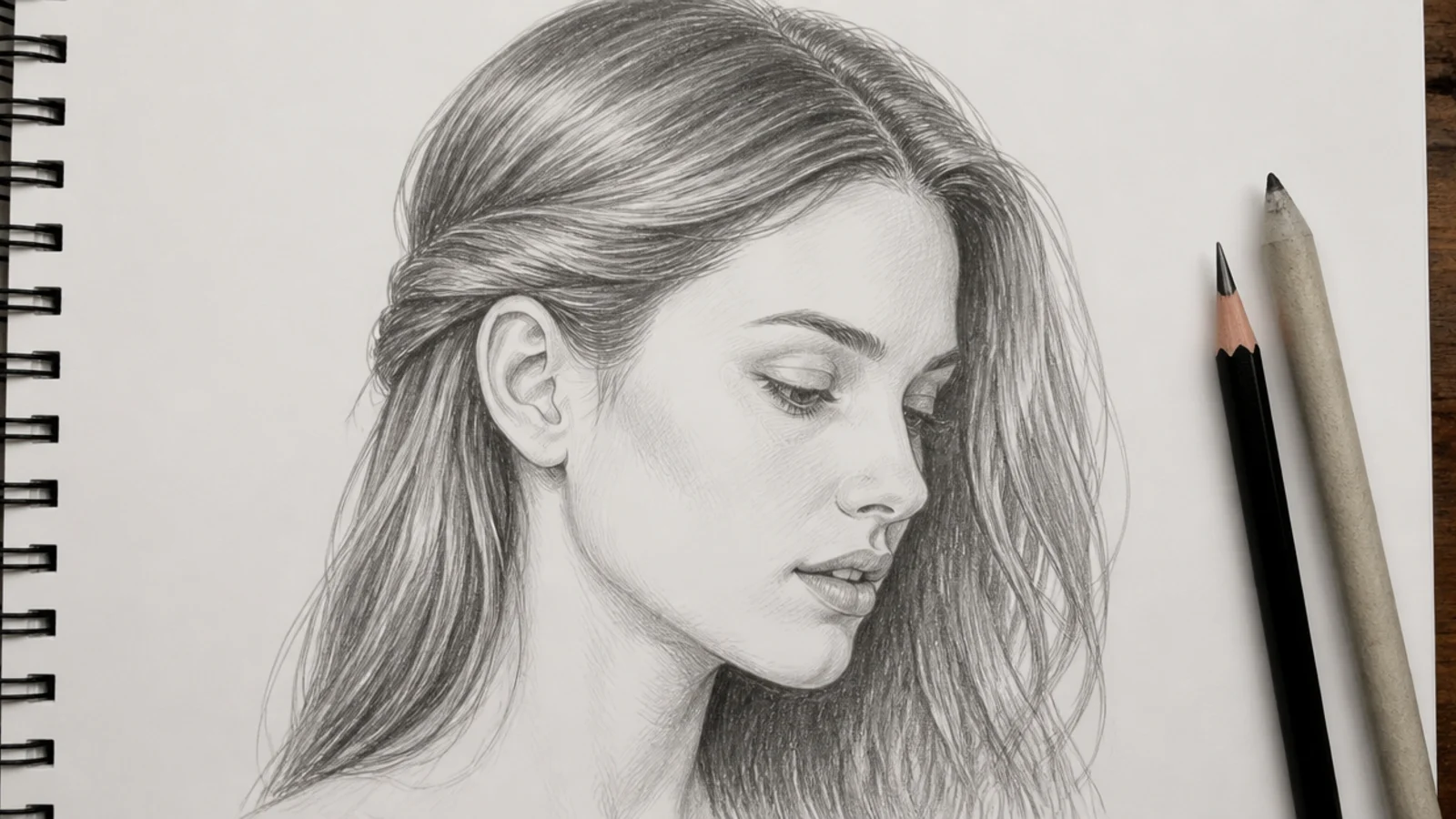 A pencil drawing of long hair tucked behind an ear with a shadow at the tuck