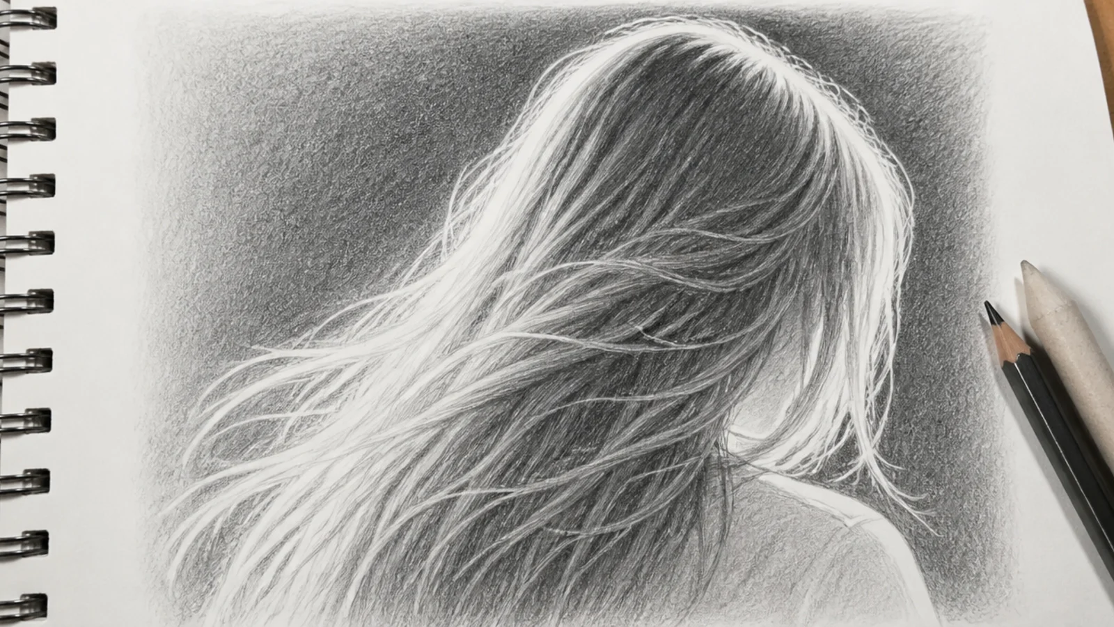 A pencil drawing of long hair rimmed with light against a dark shaded background