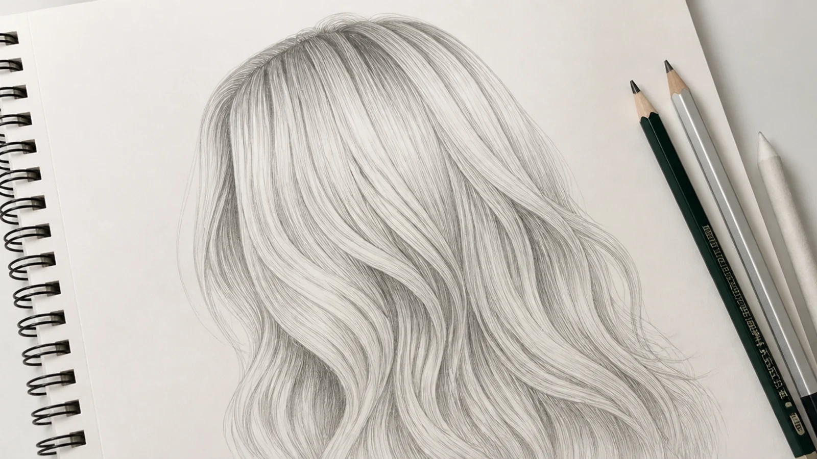 A pale pencil drawing of long blonde hair with large areas of bare paper