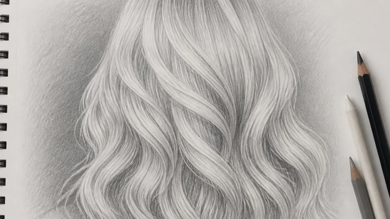 A pencil drawing of long silver grey hair with crisp bright highlights