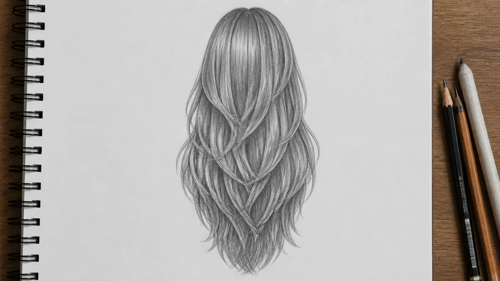 A pencil drawing of long layered hair with ends stepping at several depths