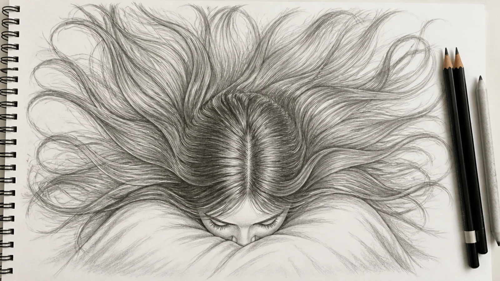 An overhead pencil drawing of long hair fanned out across a pillow