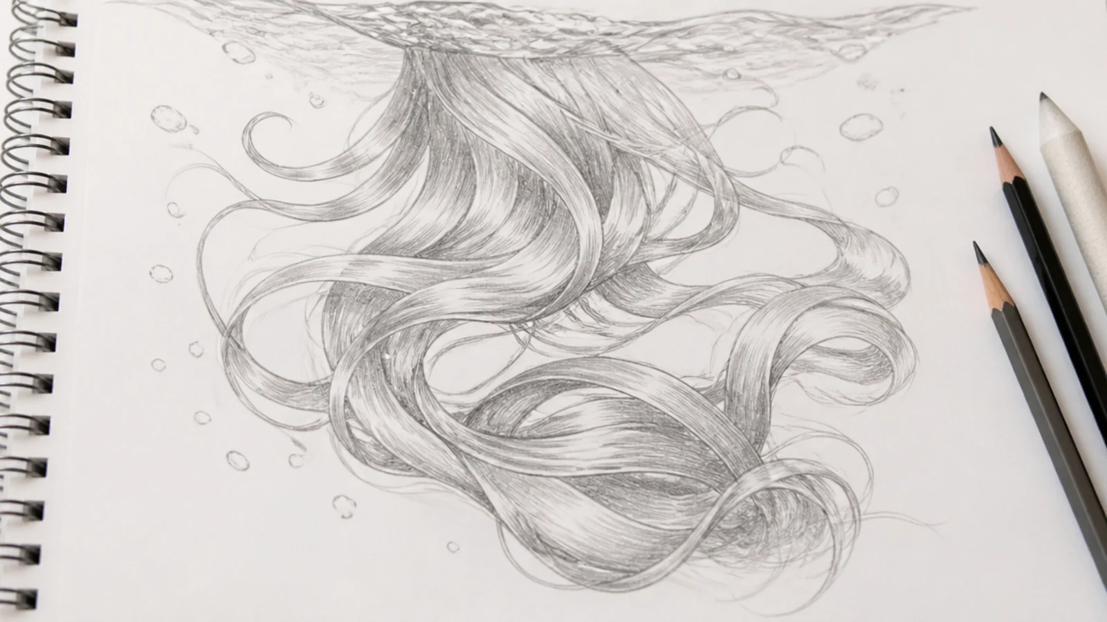 A pencil drawing of long hair drifting upward and outward underwater