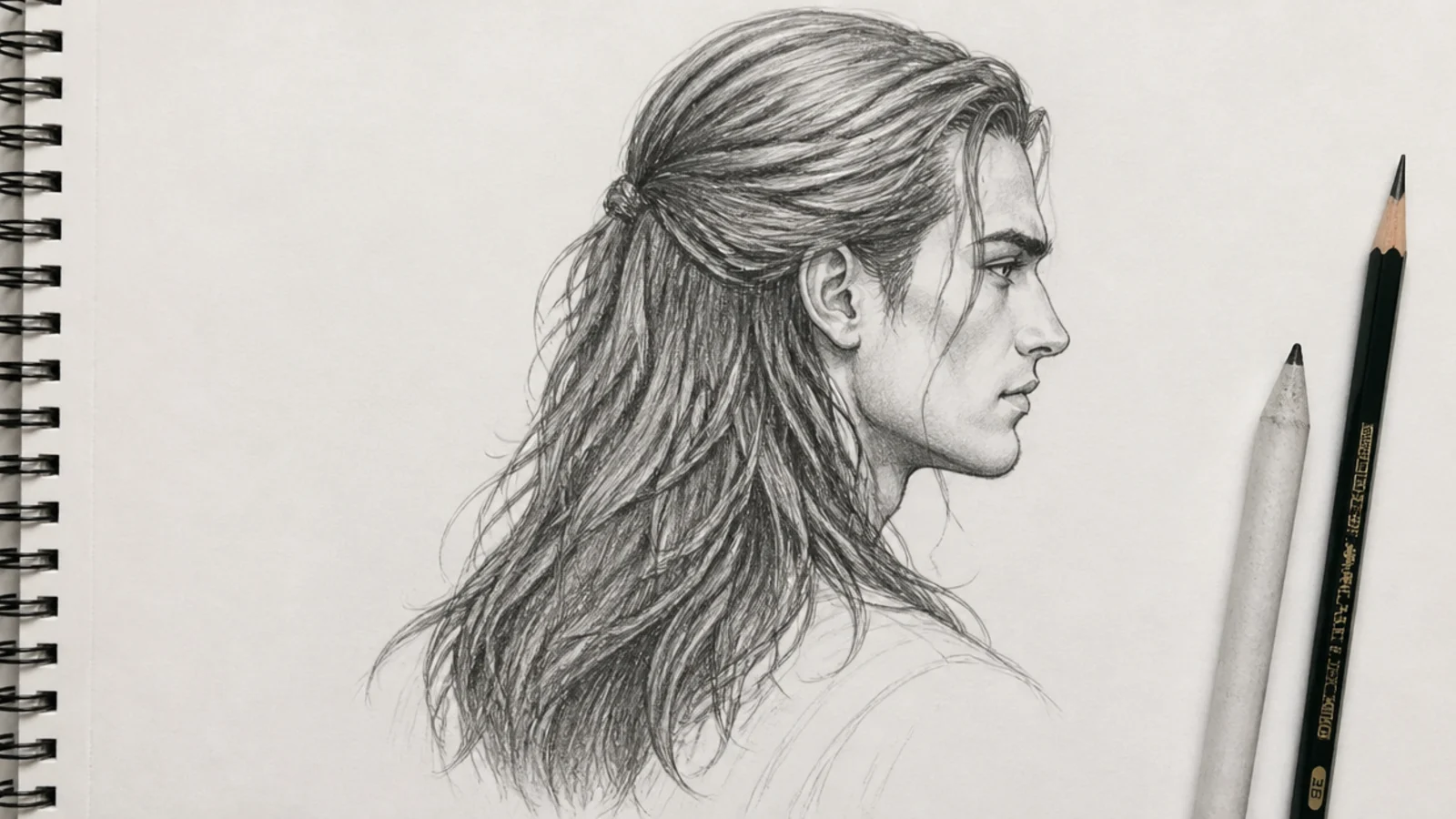 A pencil drawing of a man with long hair pulled half back and tied at the crown
