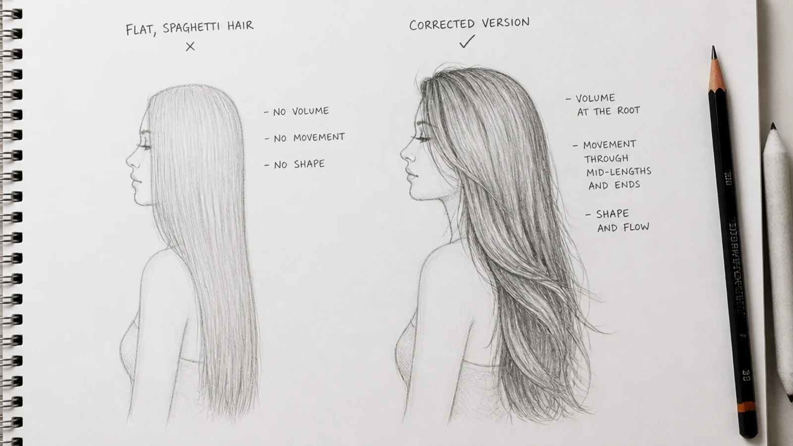 A pencil sheet comparing a stiff flat long hair sketch with a corrected version