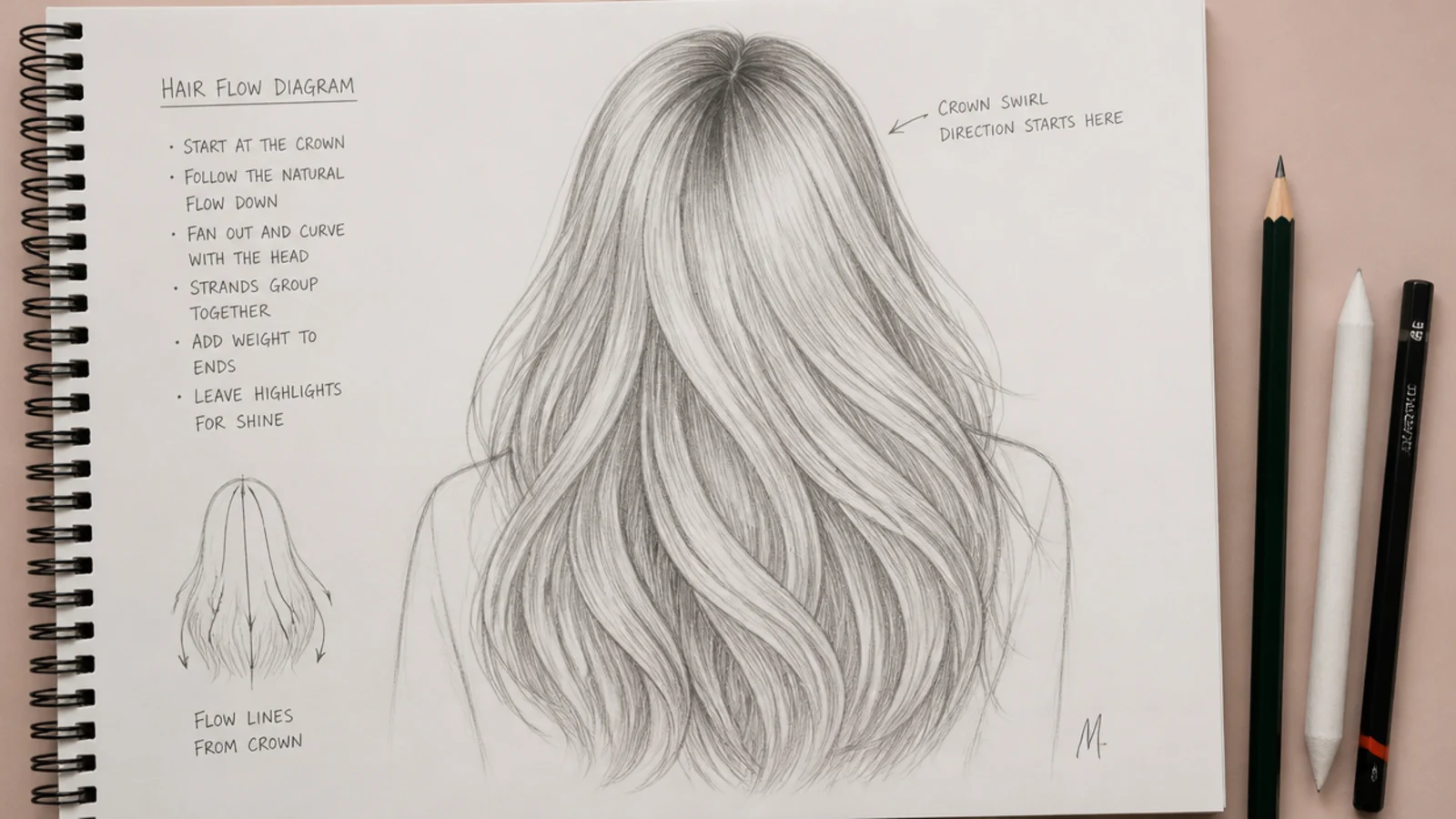 Long sweeping pencil guide lines running from a marked crown down past the shoulders