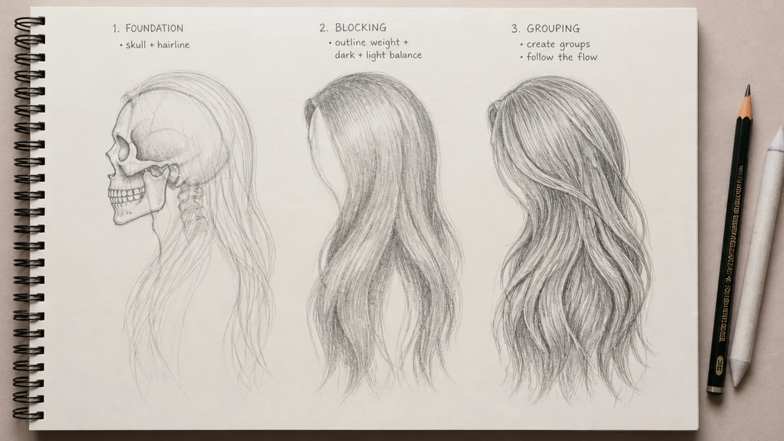 An early pencil block in of a long hair shape with light construction lines