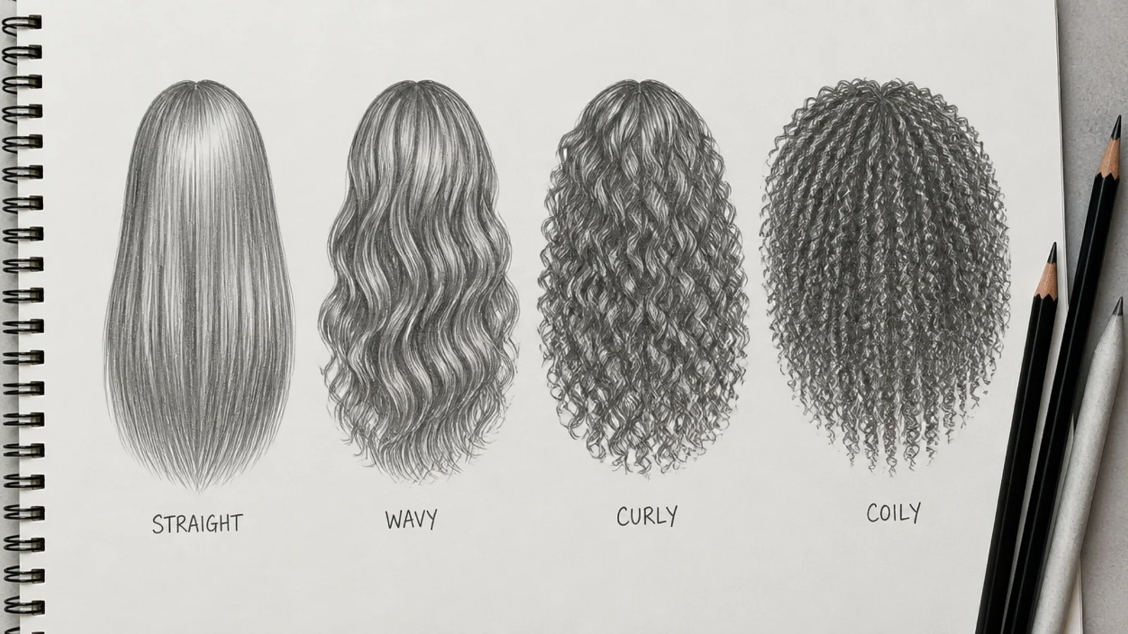 Four long hair pencil studies compared across straight, wavy, curly and coily textures