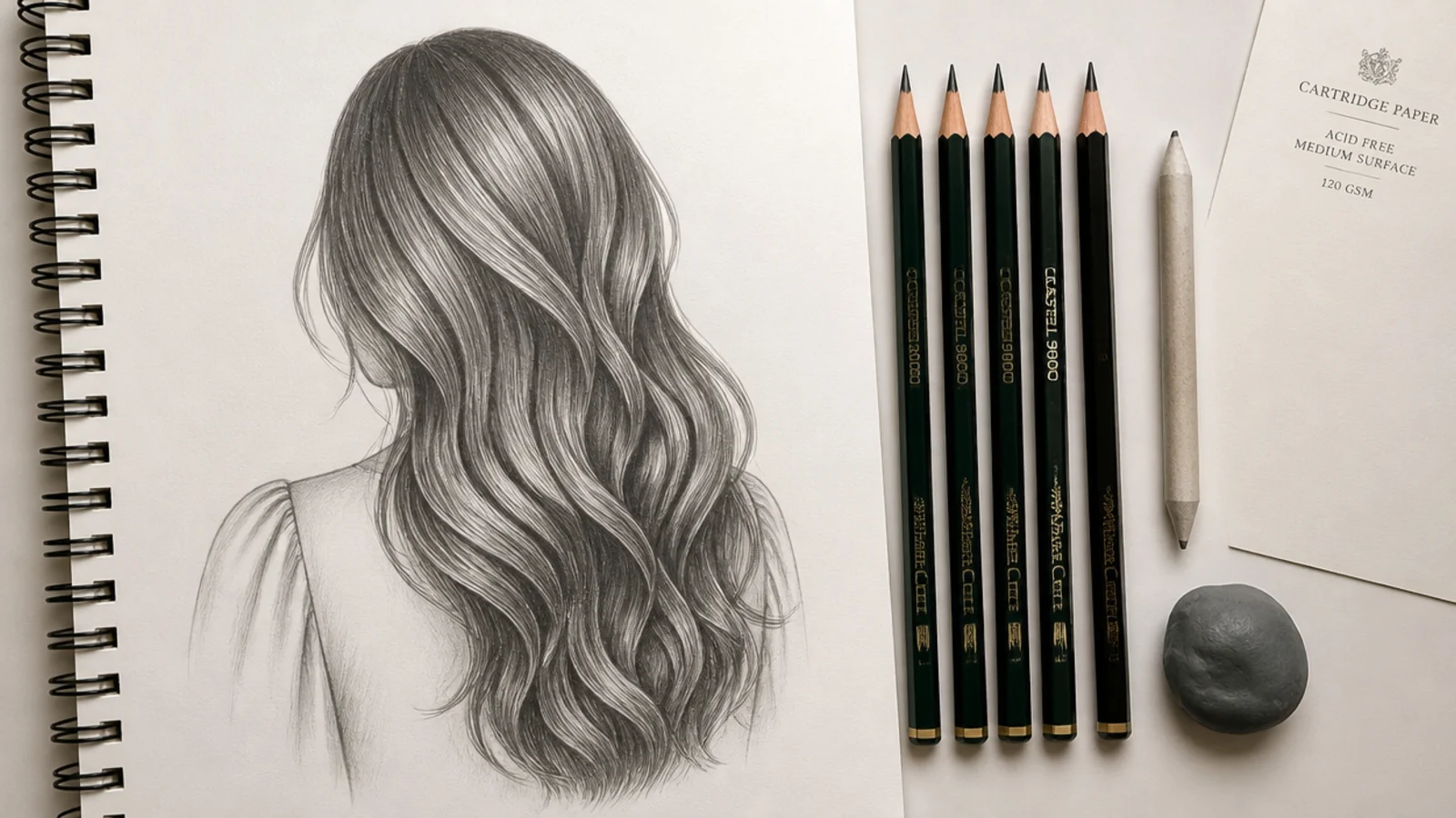Pencils and printed reference photographs laid out beside a large open sketchbook